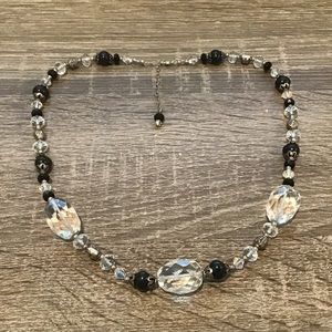 Sterling Silver Faceted Clear Quartz Black Onyx Beaded Necklace 21" Long
